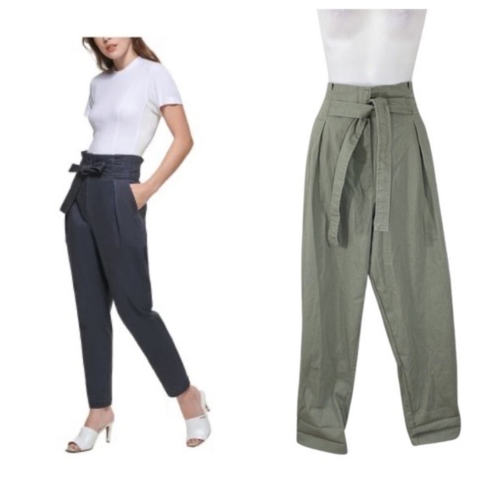 NWT DKNY Thyme Green Tie High Waist Tapered Leg Ankle Pants 12